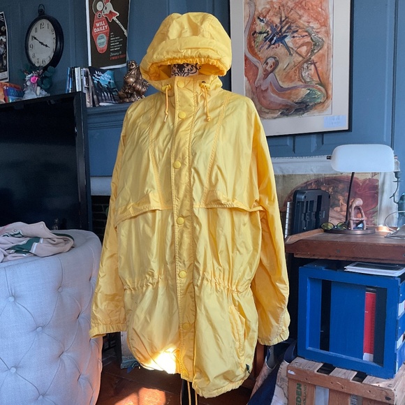 Ebtek Eddie Bauer Rain Coat Yellow Vented Men's Roll Up Hood LIghtweight -Large - Picture 3 of 11